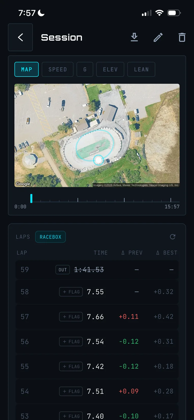 Pace automatic lap timer — every lap timed against your best, over the GPS track map