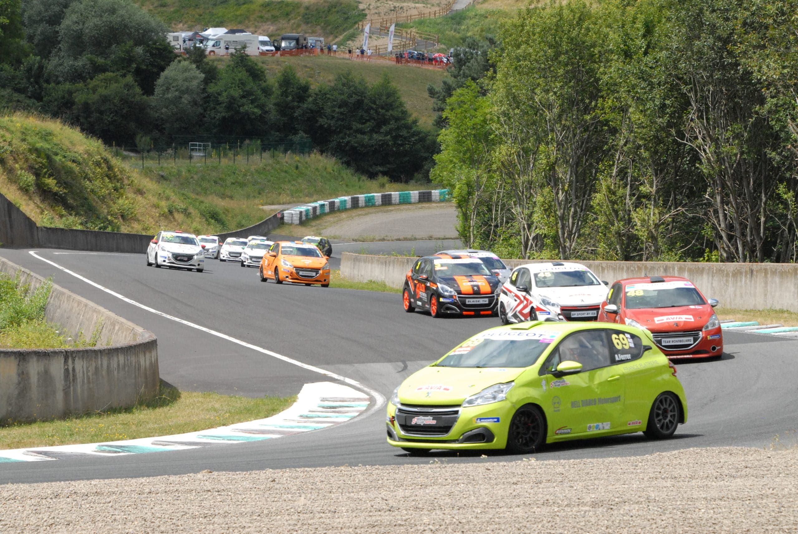 A pack of Peugeot 208 Racing Cup cars streams downhill through a wooded section of Charade