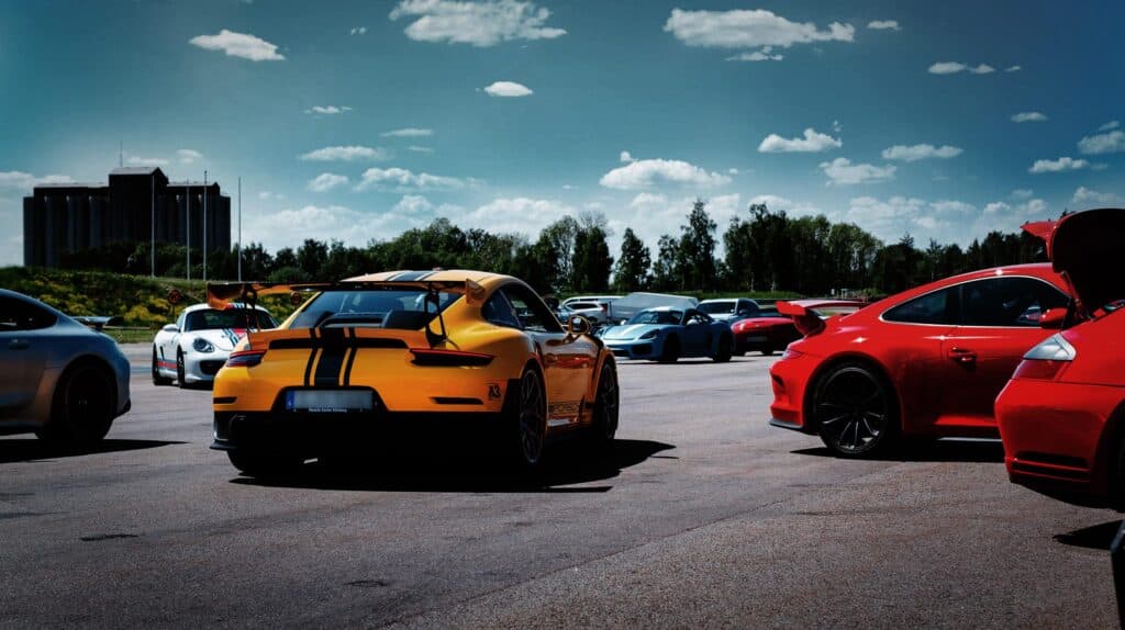 Porsche sports cars lined up in the paddock at Kinnekulle Ring, Götene, Sweden