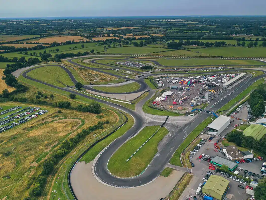 Aerial view of Mondello Park full circuit layout during a large motorsport event, Kildare Ireland