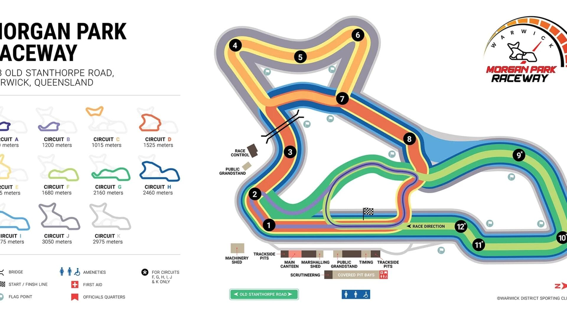 Official circuit map showing all eleven configurations at Morgan Park Raceway, Warwick, Queensland