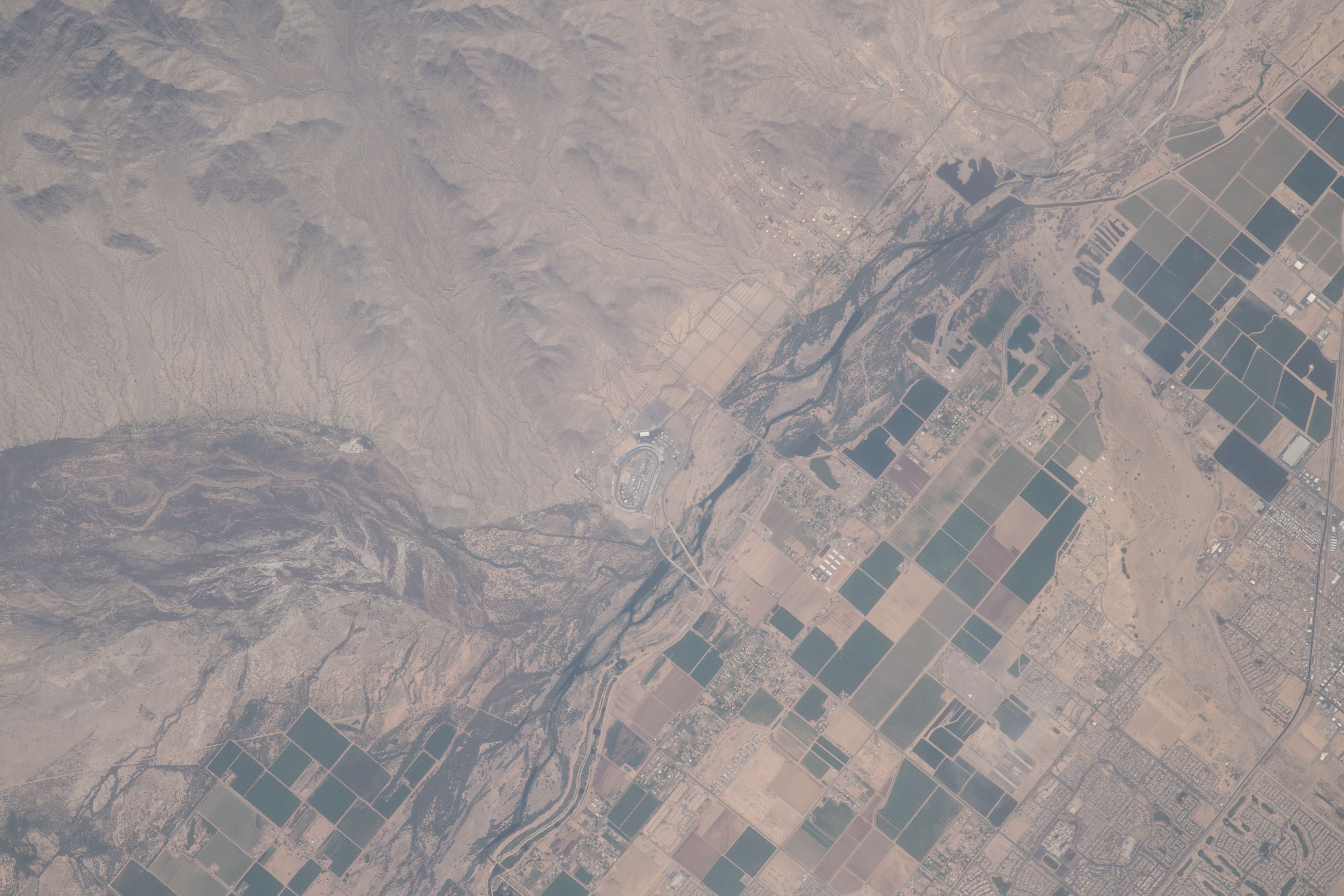 Overhead aerial of Phoenix International Raceway in Goodyear, Arizona, photographed from the International Space Station in 2018